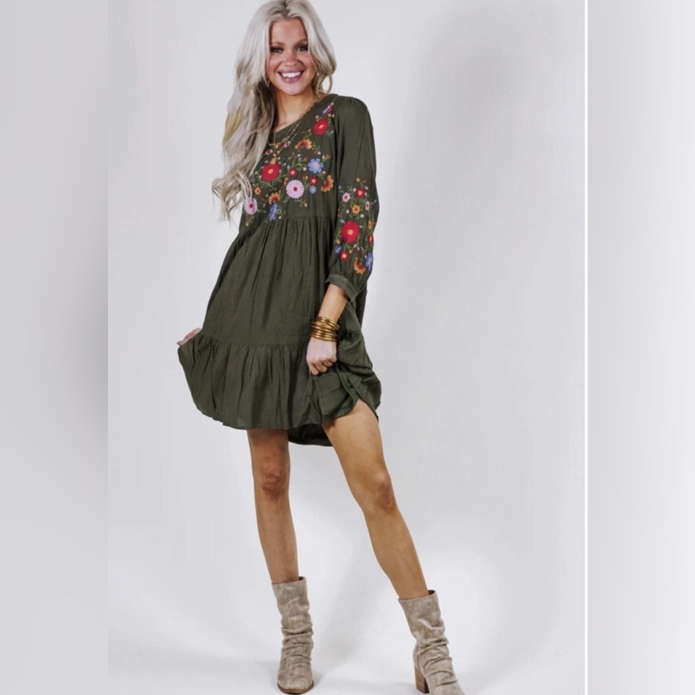 Savanna Jane Olive Mini Dress with Floral Embroidery S